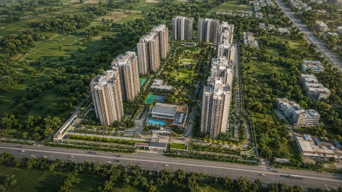 Aerial render of the Purva Mandur township and central green spine at Mandur, off Budigere Road, East Bengaluru