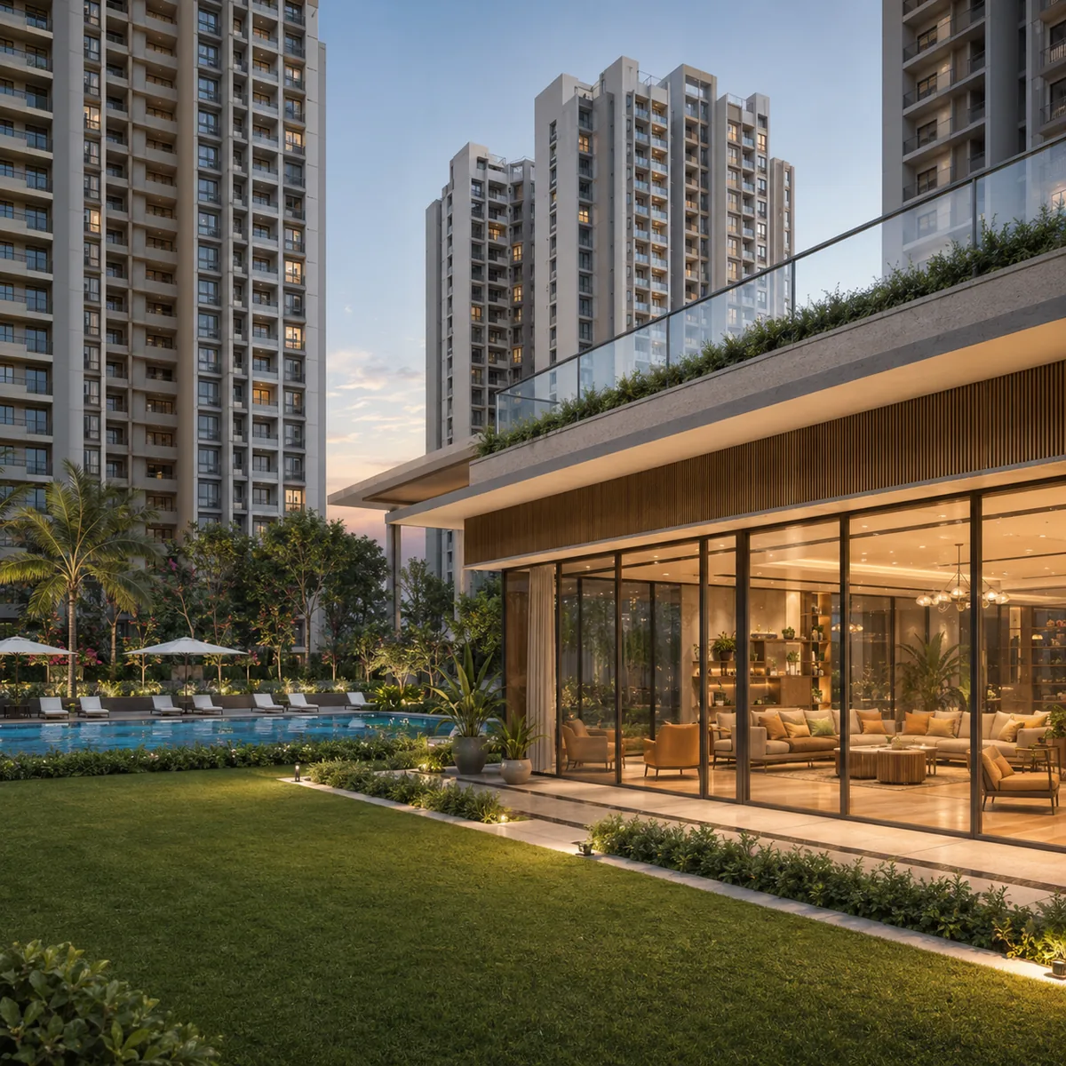 Clubhouse precinct opening onto the pool deck at Purva Mandur, Mandur, East Bengaluru