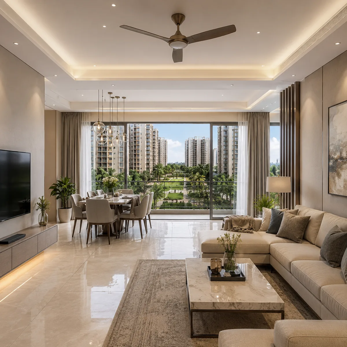 Representative 3 BHK living-dining interior with a balcony aspect at Purva Mandur
