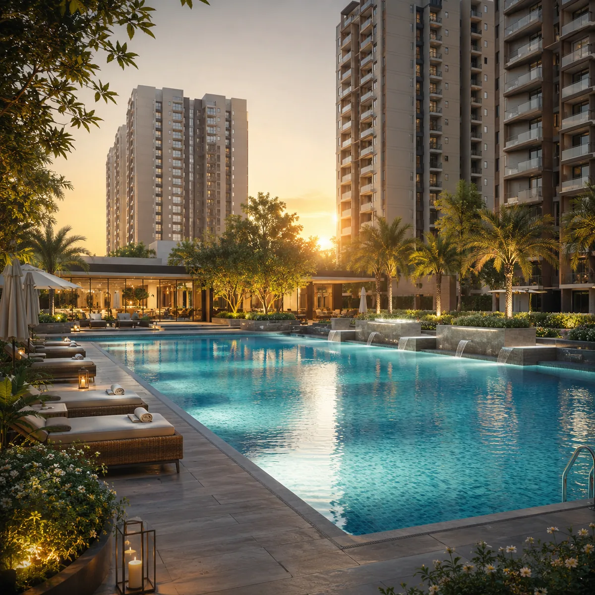 Swimming pool deck at the central landscape at Purva Mandur, Mandur, East Bengaluru
