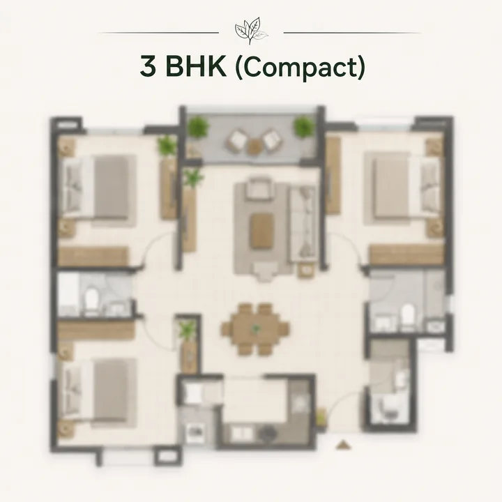 Purva Mandur 3 BHK compact floor plan layout - approximately 1,500 to 1,750 sq ft super built-up