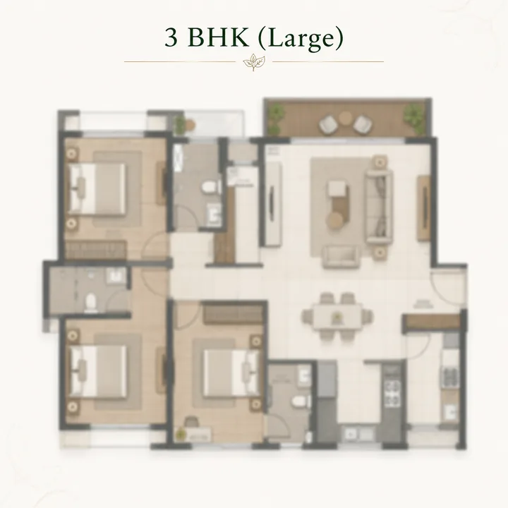 Purva Mandur 3 BHK large floor plan layout - approximately 1,800 to 2,050 sq ft super built-up